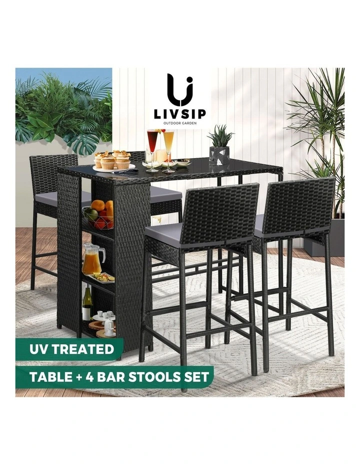 Livsip Outdoor Dining Set Patio Furniture Rattan Bar Table Chairs Bar Stools Set image 4