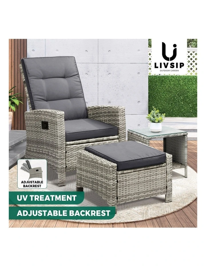 Livsip Recliner Chair Outdoor Sun Lounge Setting Wicker Sofa Patio Furniture 3PC image 4
