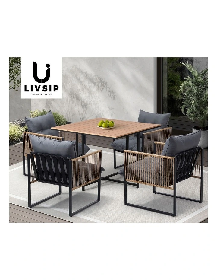 Livsip Outdoor Dining Set Furniture Patio Setting Wood-Plastic Table 4 Seater image 7