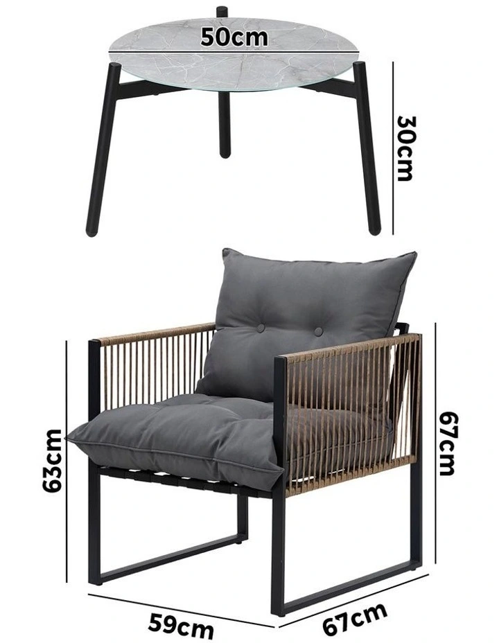Livsip Outdoor Patio Set Furniture Grey 50cm Coffee Table Rattan Chairs 3PCS image 3