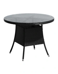 Livsip Outdoor Dining Table 90CM Round Rattan Glass Table Patio Furniture Black