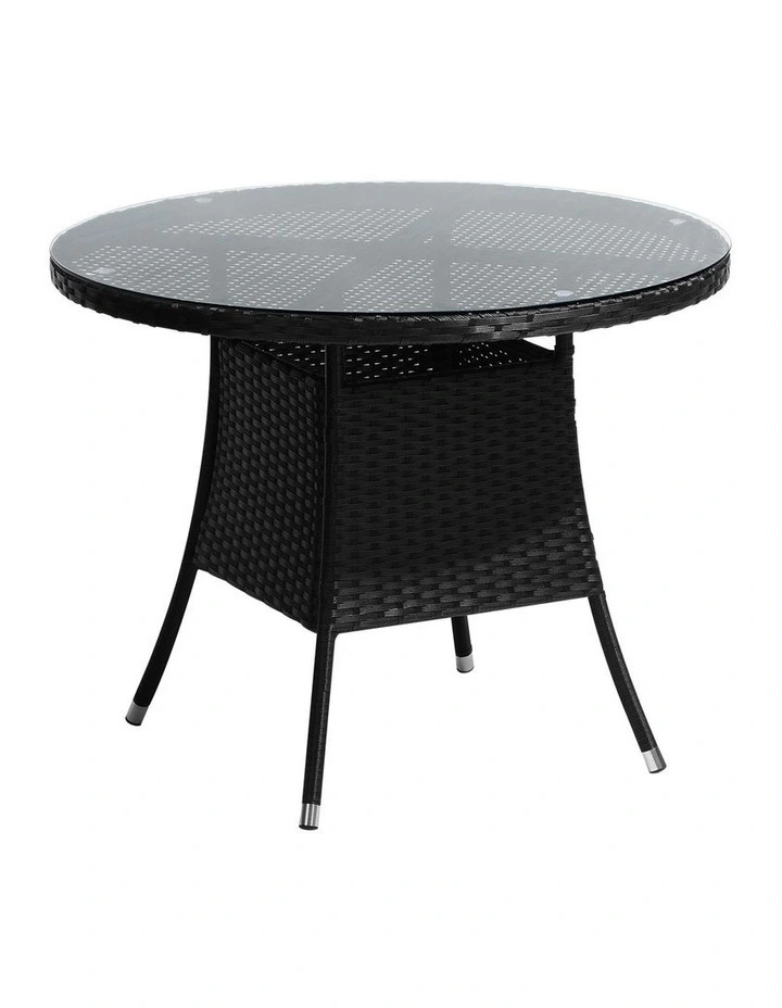 Livsip Outdoor Dining Table 90CM Round Rattan Glass Table Patio Furniture Black image 1
