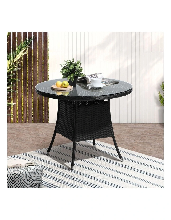 Livsip Outdoor Dining Table 90CM Round Rattan Glass Table Patio Furniture Black image 4