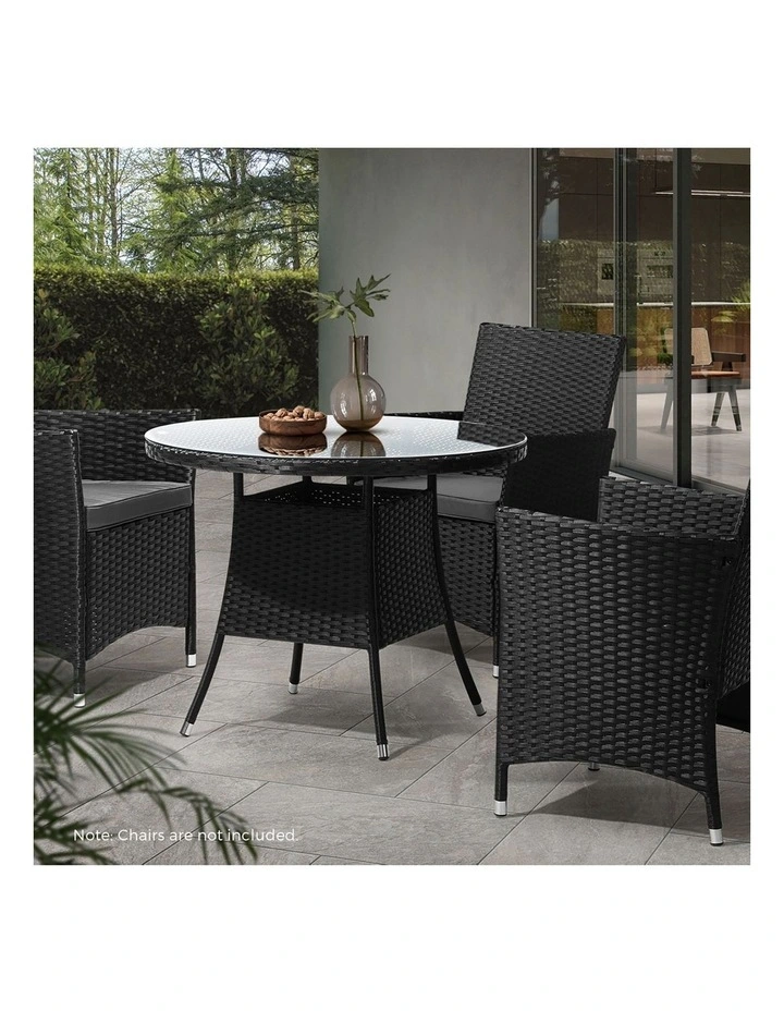 Livsip Outdoor Dining Table 90CM Round Rattan Glass Table Patio Furniture Black image 5