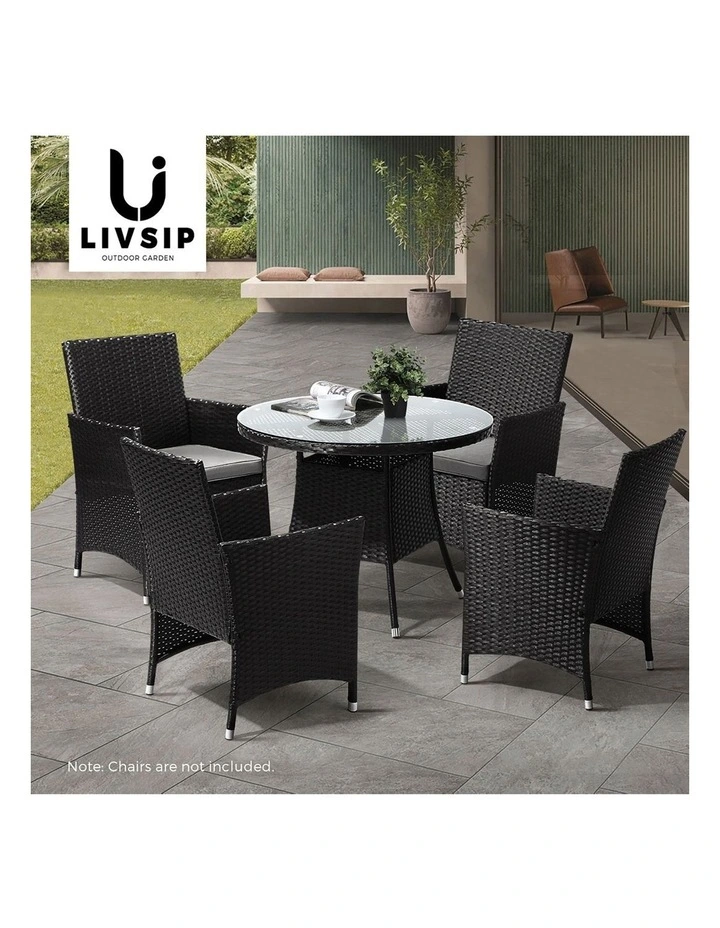 Livsip Outdoor Dining Table 90CM Round Rattan Glass Table Patio Furniture Black image 7