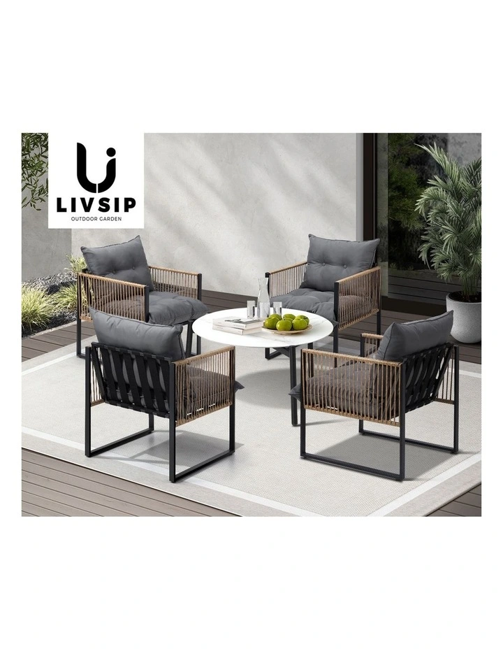 Livsip Outdoor Patio Set Furniture White 70cm Coffee Table Rattan Chairs 5PCS image 7