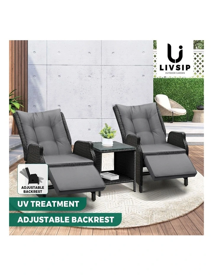 Livsip Sun Lounge Outdoor Recliner Chair &Table Outdoor Furniture Patio Set of 3 image 4