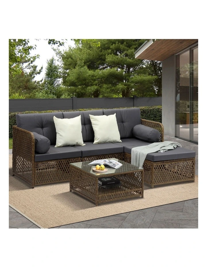 Livsip Outdoor Sofa Set 4 Seater Wicker Corner Modular Lounge Setting Brown image 4