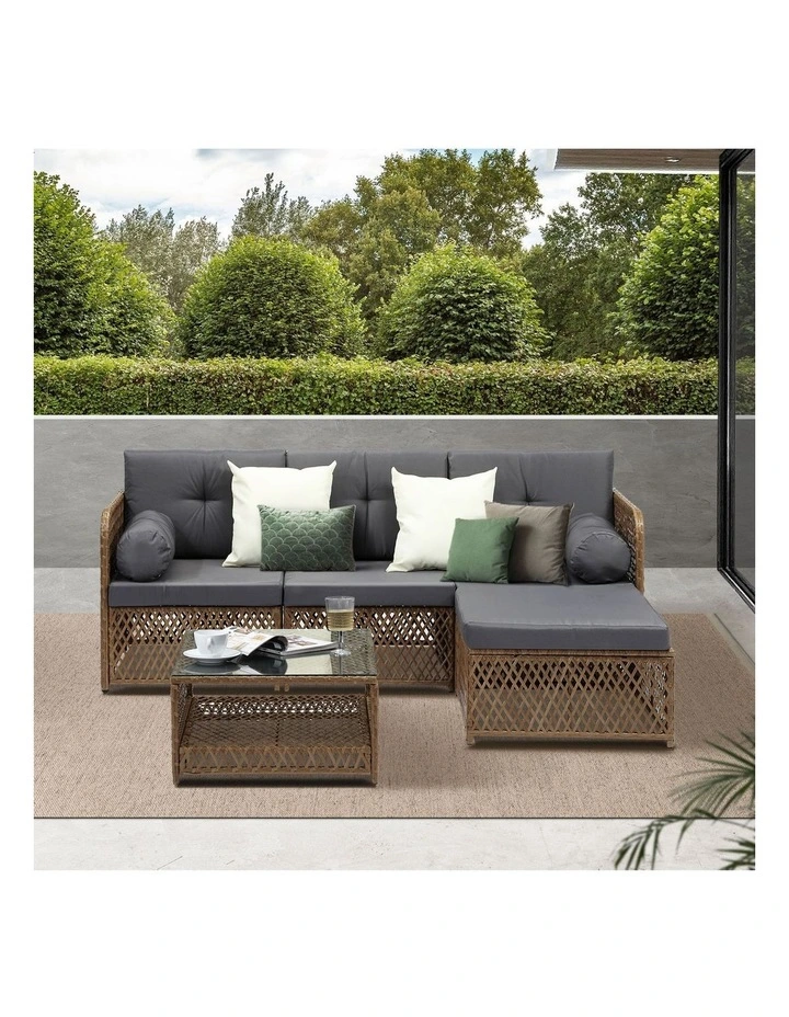 Livsip Outdoor Sofa Set 4 Seater Wicker Corner Modular Lounge Setting Brown image 5