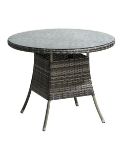 Livsip 90CM Outdoor Dining Table Round Rattan Glass Table Patio Furniture Grey