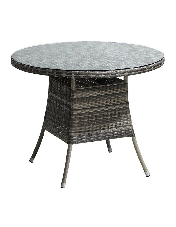 Livsip 90CM Outdoor Dining Table Round Rattan Glass Table Patio Furniture Grey image 1