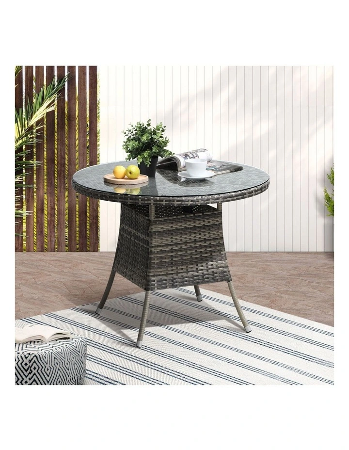 Livsip 90CM Outdoor Dining Table Round Rattan Glass Table Patio Furniture Grey image 4