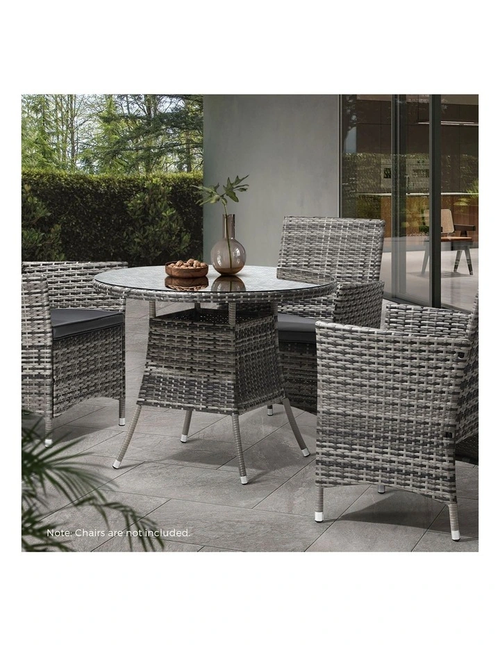 Livsip 90CM Outdoor Dining Table Round Rattan Glass Table Patio Furniture Grey image 5