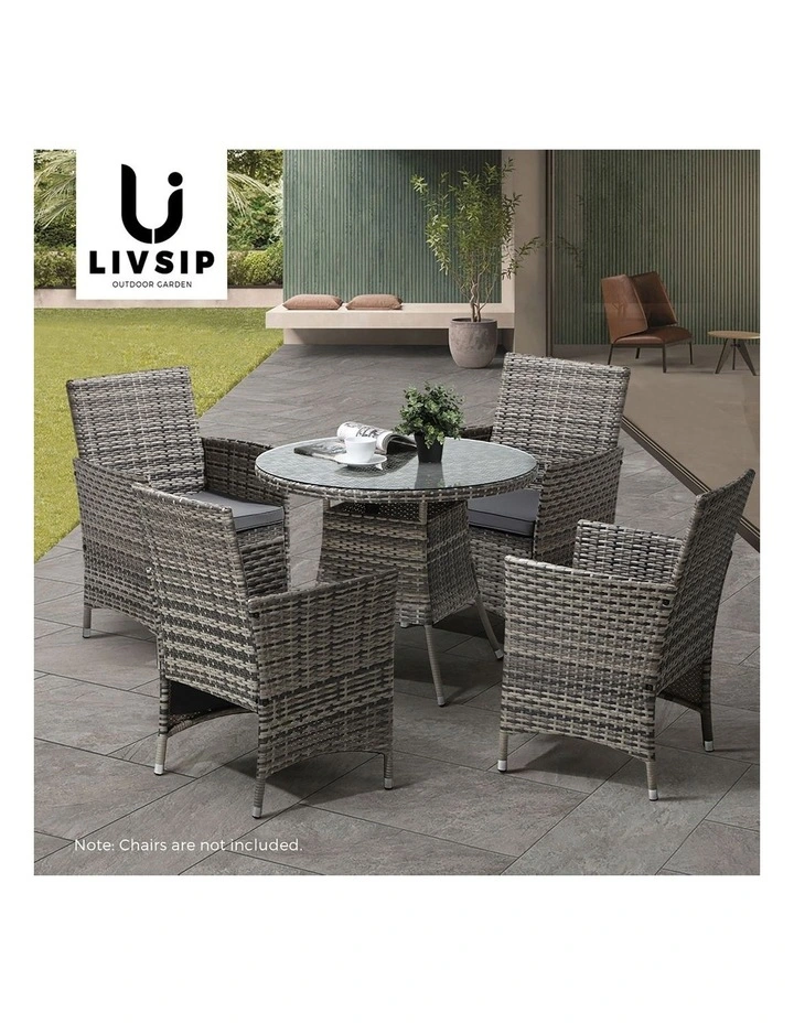 Livsip 90CM Outdoor Dining Table Round Rattan Glass Table Patio Furniture Grey image 7