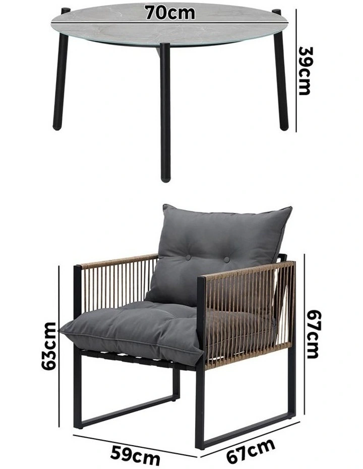 Livsip Outdoor Patio Set Furniture Grey 70cm Coffee Table Rattan Chairs 5PCS image 3