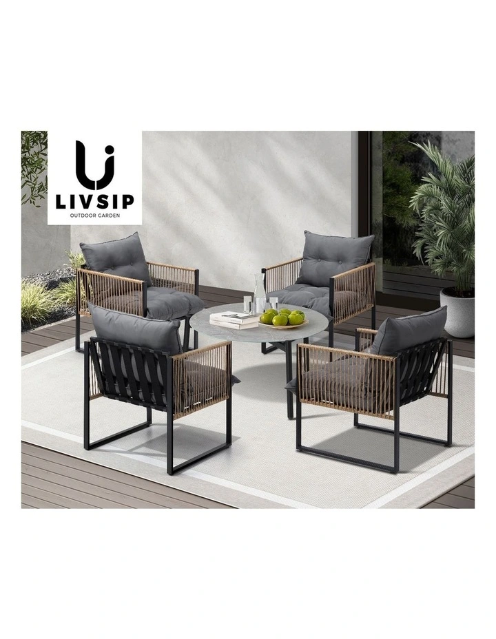 Livsip Outdoor Patio Set Furniture Grey 70cm Coffee Table Rattan Chairs 5PCS image 7