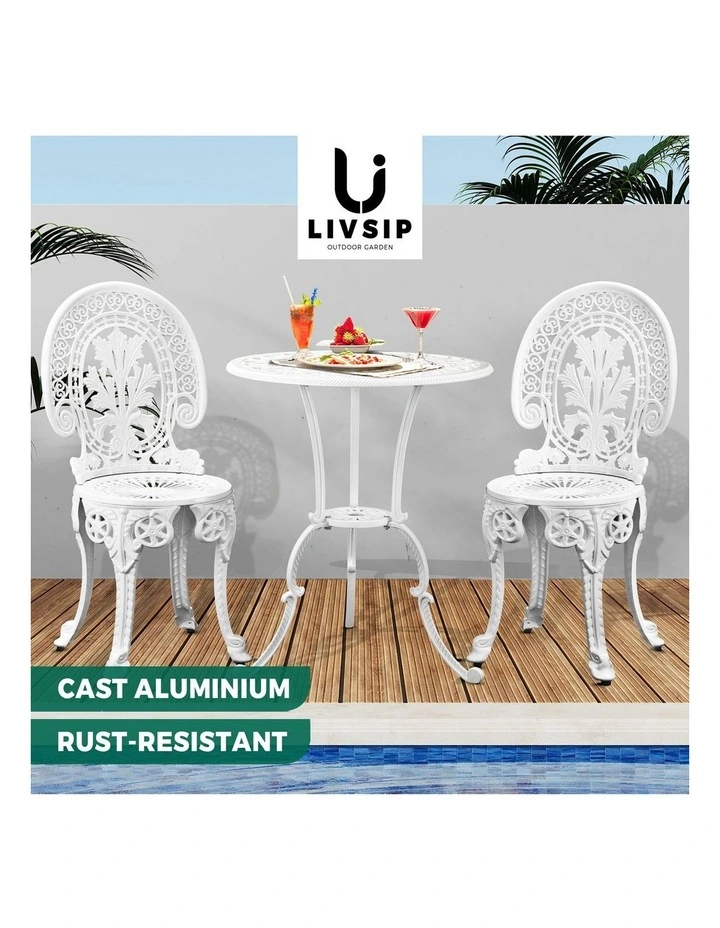 Livsip Outdoor Bistro Setting Cast Aluminium Table and Chair 3PCS Patio Set image 4