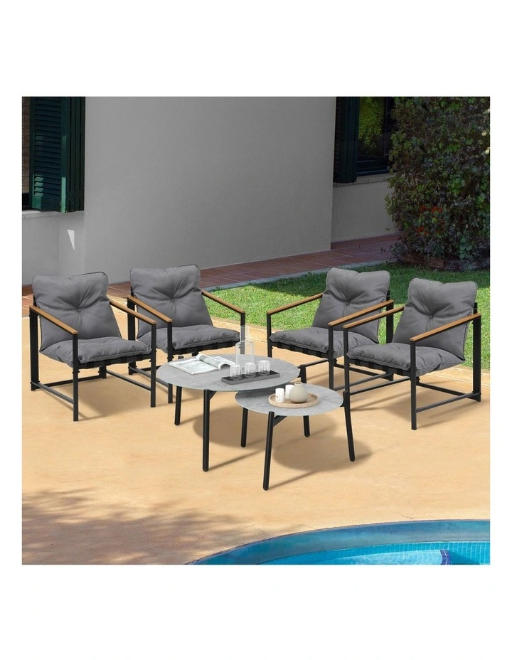 Livsip 6PC Outdoor Patio Furniture Set 70CM Round Grey Marble Table Sets image 4