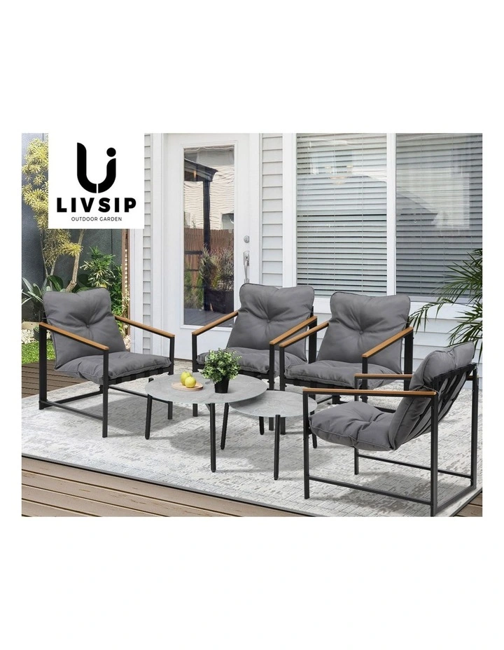 Livsip 6PC Outdoor Patio Furniture Set 70CM Round Grey Marble Table Sets image 7