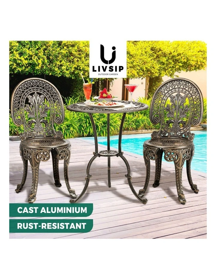 Livsip Outdoor Furniture Bistro Set 3pcs Chair Table Cast Aluminium Patio Garden image 4