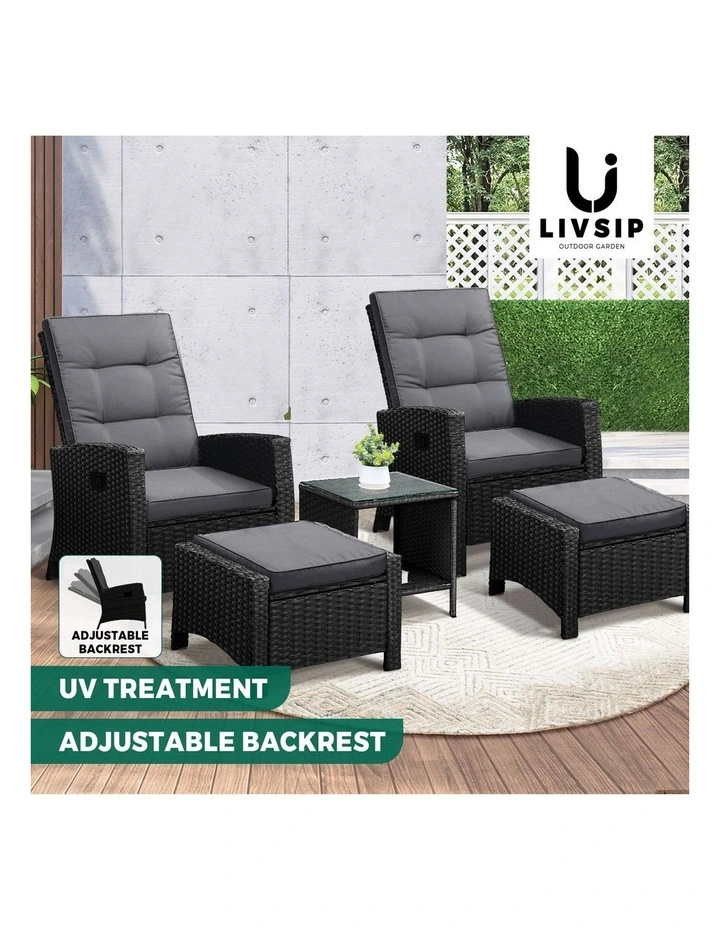 Livsip Outdoor  Recliner Chair & Table Set Wicker lounge Patio Furniture Setting image 4