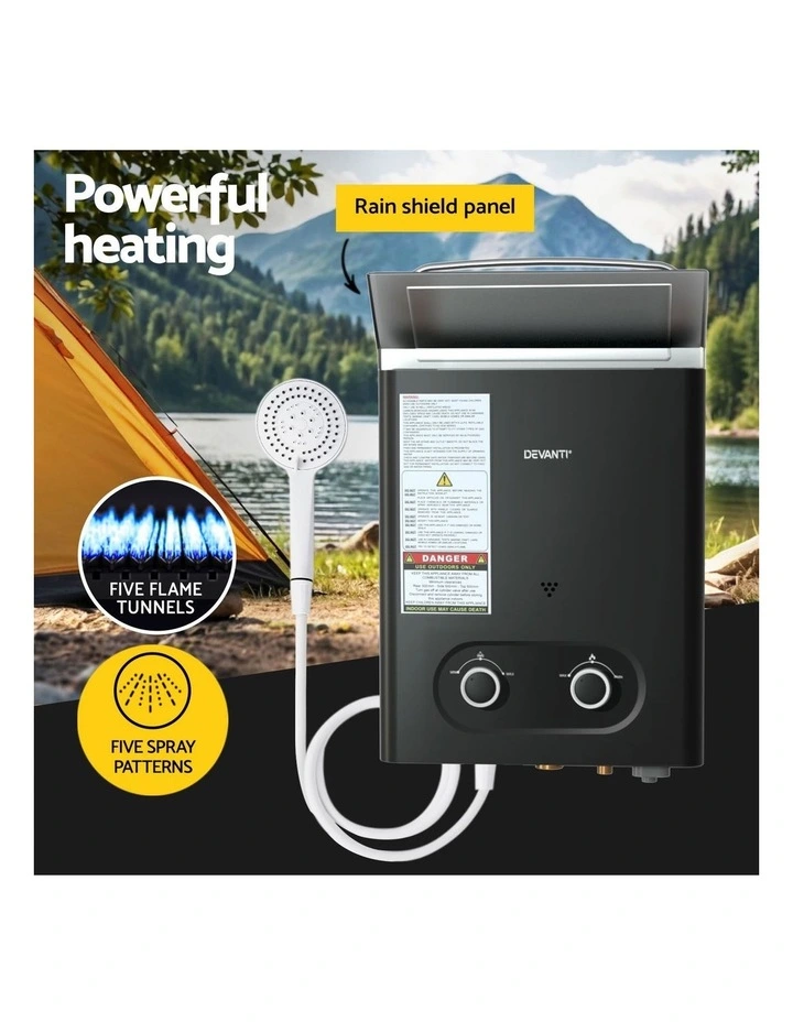 Devanti Portable Gas Water Heater LPG-powered System Black image 5