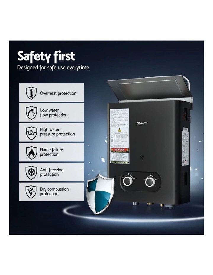 Devanti Portable Gas Water Heater LPG-powered System Black image 7