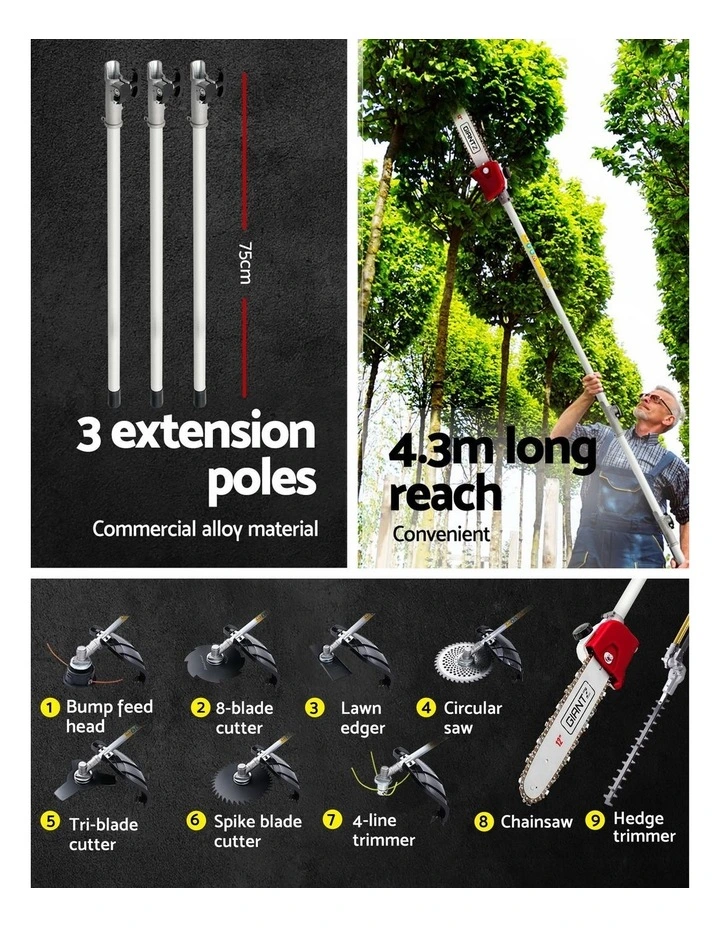 Giantz Pole Chainsaw 2 Stroke Petrol Tree Pruner Long Reach Saw 12 Inch Bar 9 In 1 image 5