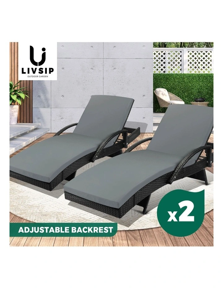 Livsip 2PCS Sun Lounge Outdoor Wicker Lounger Setting Black image 4