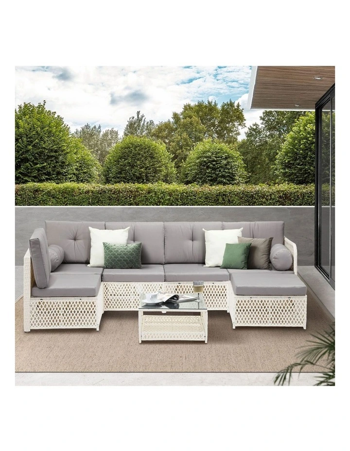 Livsip Outdoor Sofa Set 6 Seater Wicker Rattan Lounge Setting White image 5