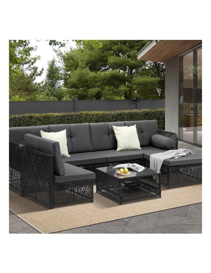 Livsip Outdoor Sofa Set 6 Seater Wicker Rattan Lounge Setting Black image 4