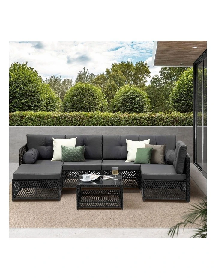 Livsip Outdoor Sofa Set 6 Seater Wicker Rattan Lounge Setting Black image 5