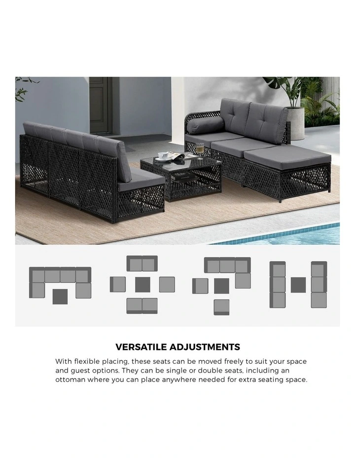 Livsip Outdoor Sofa Set 6 Seater Wicker Rattan Lounge Setting Black image 6