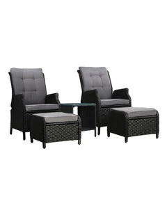 Gardeon 5PC Recliner Chairs Table Sun lounge Wicker Outdoor Furniture Adjustable Black