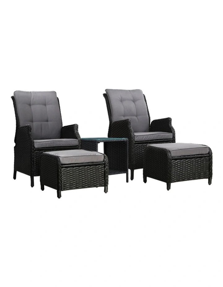 Gardeon 5PC Recliner Chairs Table Sun lounge Wicker Outdoor Furniture Adjustable Black image 1