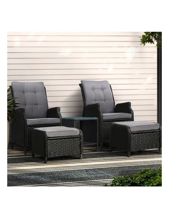 Gardeon 5PC Recliner Chairs Table Sun lounge Wicker Outdoor Furniture Adjustable Black image 3