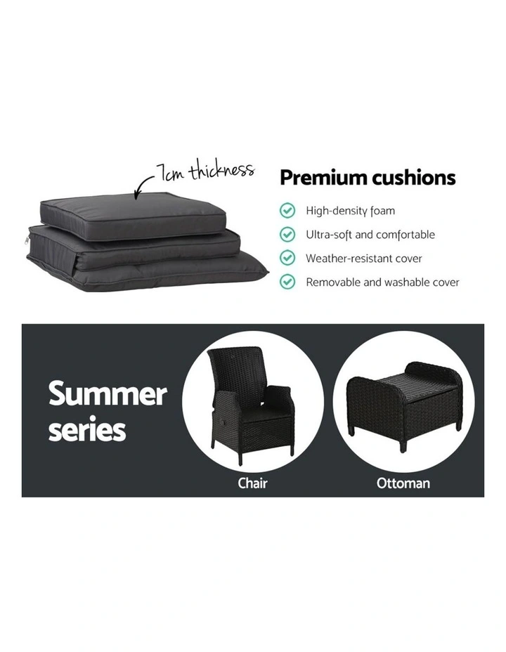 Gardeon 5PC Recliner Chairs Table Sun lounge Wicker Outdoor Furniture Adjustable Black image 7