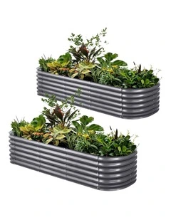 x2 Green Fingers Raised Garden Bed Kit Planter Oval Galvanised Steel 240cmX80cmX56cm