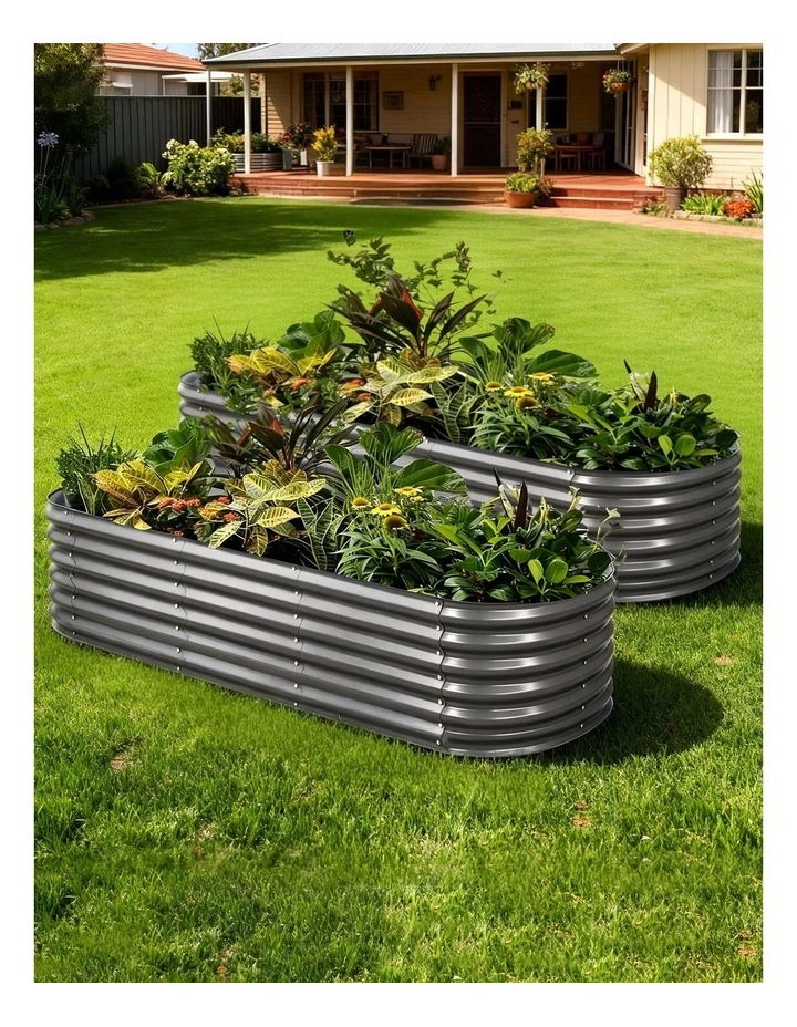x2 Green Fingers Raised Garden Bed Kit Planter Oval Galvanised Steel 240cmX80cmX56cm image 3