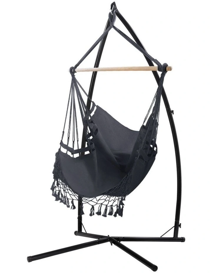 Gardeon Hammock Chair with Steel Stand Hanging Outdoor Tassel Grey image 1