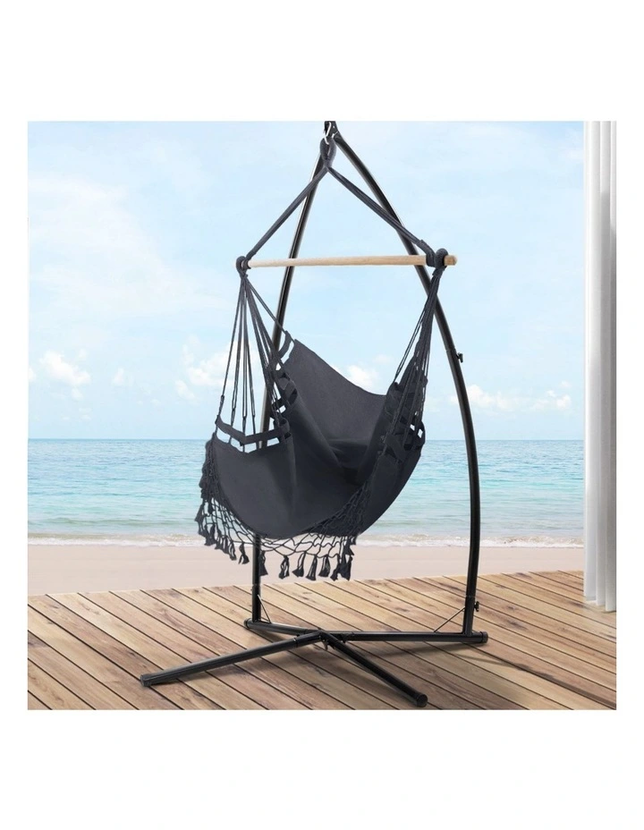 Gardeon Hammock Chair with Steel Stand Hanging Outdoor Tassel Grey image 3