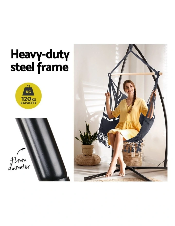 Gardeon Hammock Chair with Steel Stand Hanging Outdoor Tassel Grey image 5