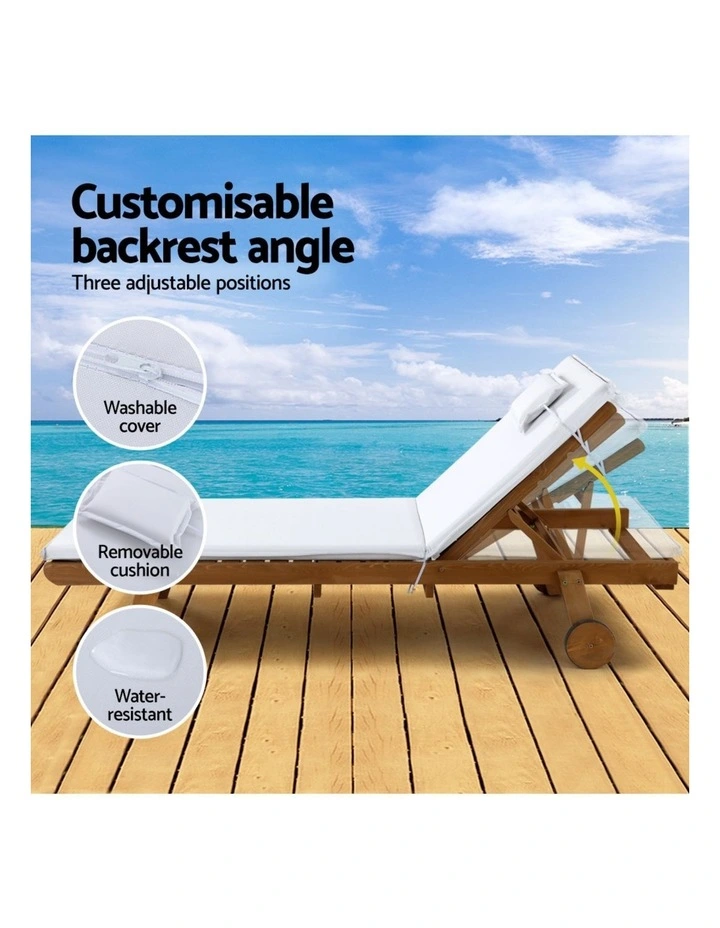 Gardeon Sun Lounge Wooden Lounger Outdoor Furniture Day Bed Wheels Patio White image 6