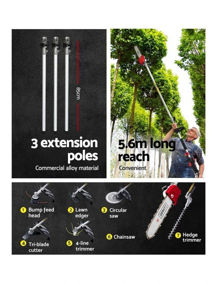 Giantz 62CC Pole Chainsaw Hedge Trimmer Brush Cutter Whipper 7-in-1 5.6m Red image 7