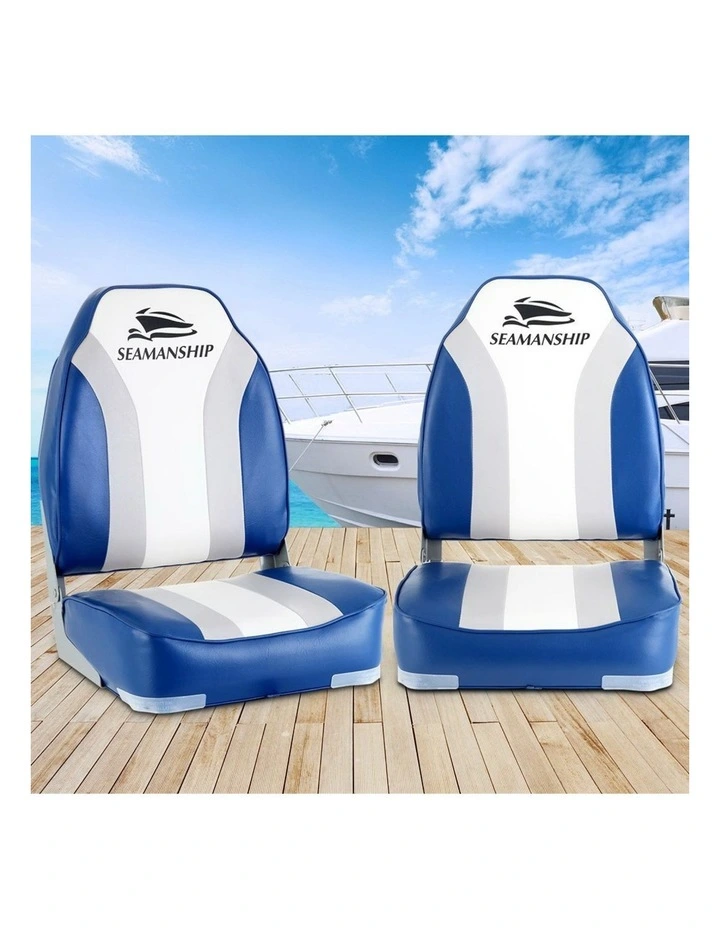 Seamanship 2X Folding Boat Seats Marine Seat Swivel High Back 12cm Padding Blue image 3