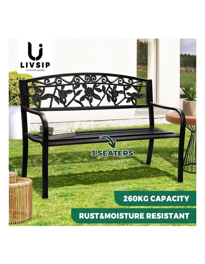 Livsip 3 Seater Steel Garden Bench Outdoor Chair Bird Rose Bronze image 4