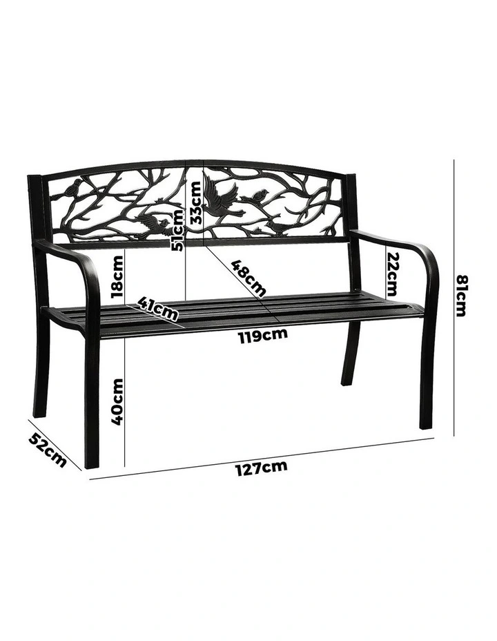 Livsip 3 Seater Steel Garden Bench Outdoor Chair Bird Pattern Black image 3