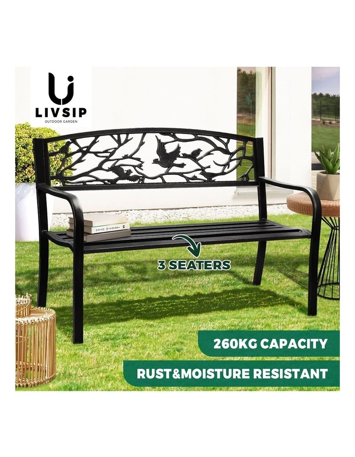Livsip 3 Seater Steel Garden Bench Outdoor Chair Bird Pattern Black image 4