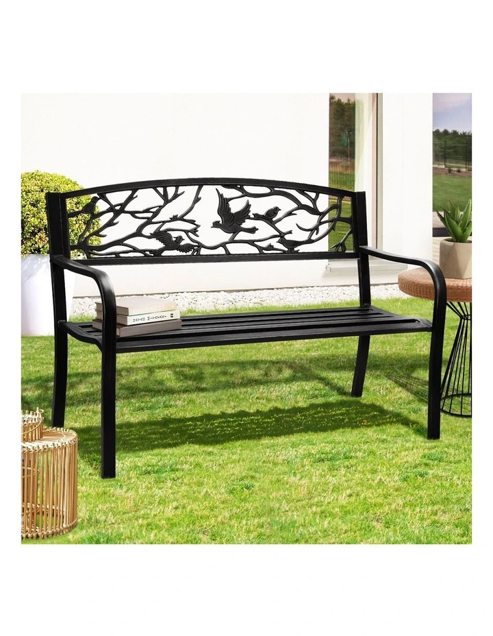 Livsip 3 Seater Steel Garden Bench Outdoor Chair Bird Pattern Black image 5