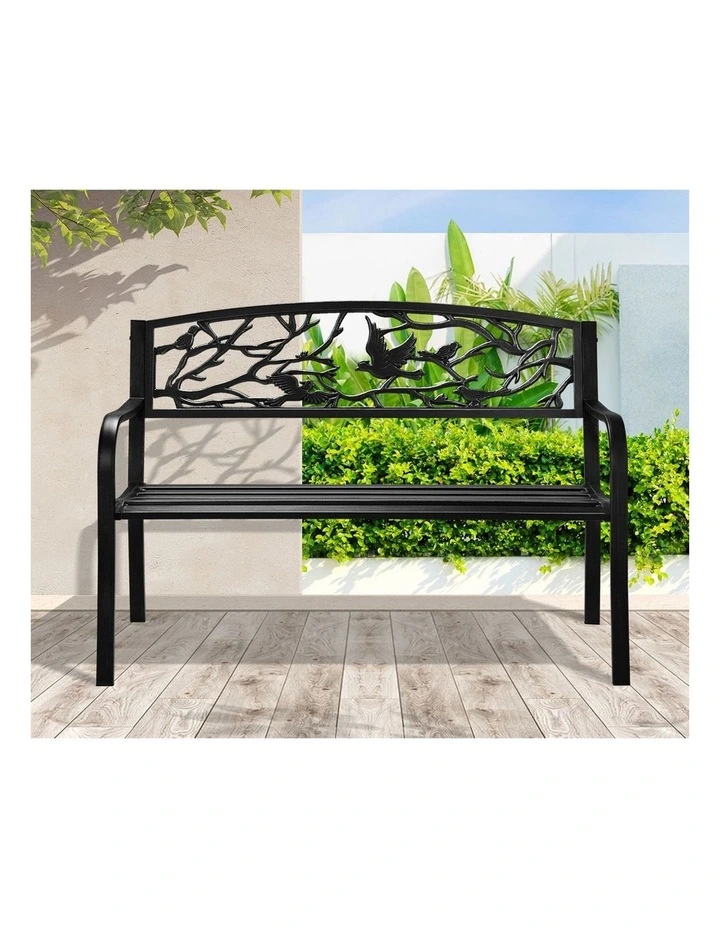 Livsip 3 Seater Steel Garden Bench Outdoor Chair Bird Pattern Black image 6